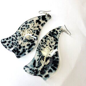 Dark Blue Leopard Print Resin Big Dangle Earrings Bluish Black Long Earrings